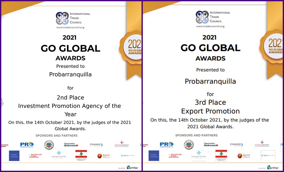 ProBarranquilla recibió dos reconocimientos por el International Trade Council en los Go Global Awards 2021